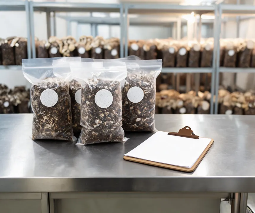 Edible mushroom substrate bags and a bag specification sheet on a cultivation workbench